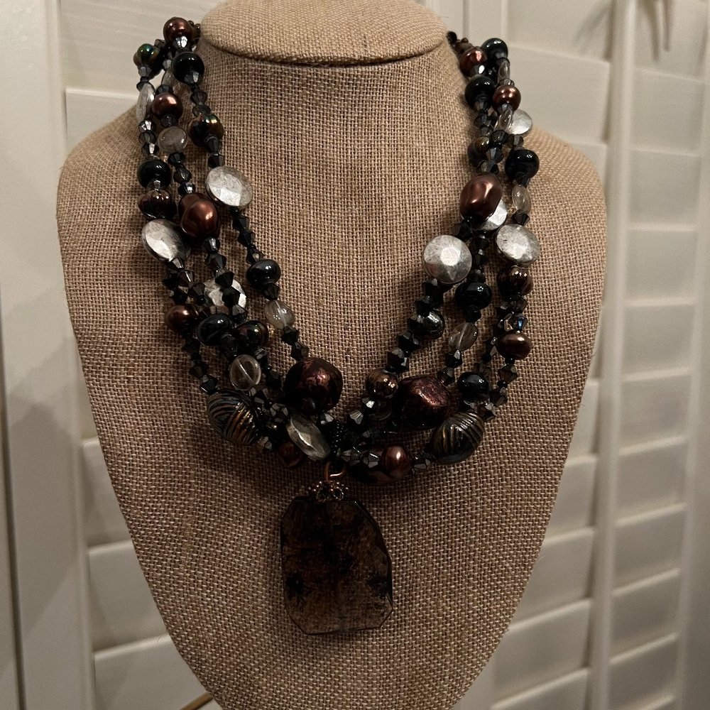 CHICO's Vintage Drop Pendant Necklace RICH Shades of Blk, Pewter & Mahogany